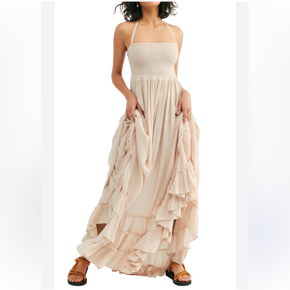 R. Vivimos Maxi Smocked Halter Dress Women 4/6 Backless Full Flowy Tiered Ruffle